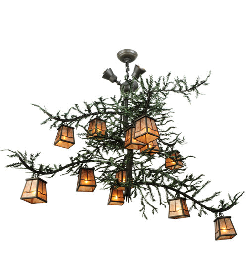 Meyda Lighting Pine Branch 48" 15-Light Wrought Iron Valley View Chandelier With Silver Mica Shade Glass