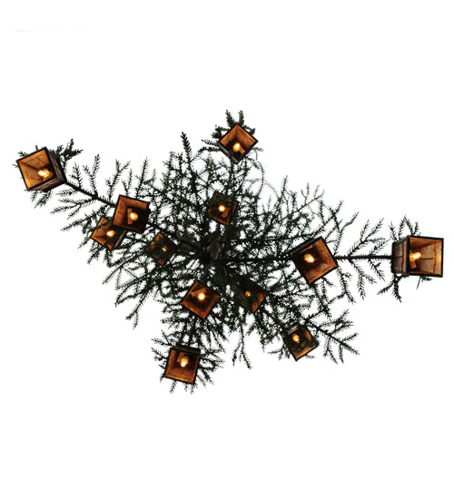 Meyda Lighting Pine Branch 48" 15-Light Wrought Iron Valley View Chandelier With Silver Mica Shade Glass