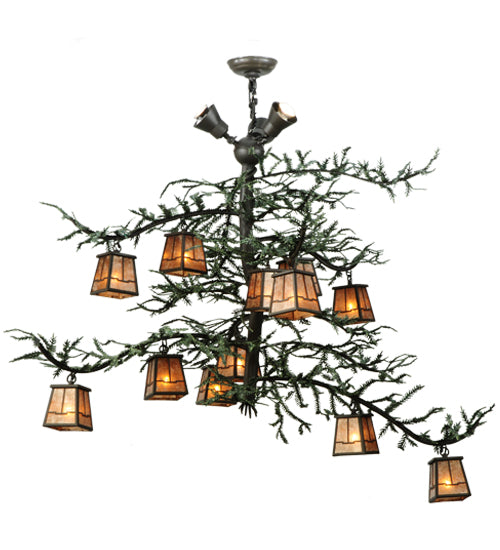 Meyda Lighting Pine Branch 48" 15-Light Wrought Iron Valley View Chandelier With Silver Mica Shade Glass