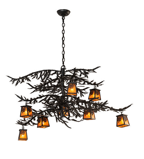 Meyda Lighting Pine Branch 48" 8-Light Flat Black Winter Pine Chandelier With Amber Mica Shade Glass