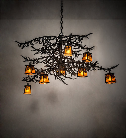 Meyda Lighting Pine Branch 48" 8-Light Flat Black Winter Pine Chandelier With Amber Mica Shade Glass