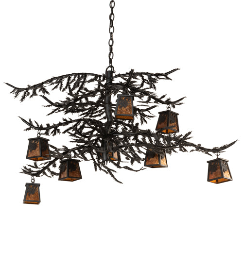 Meyda Lighting Pine Branch 48" 8-Light Flat Black Winter Pine Chandelier With Amber Mica Shade Glass