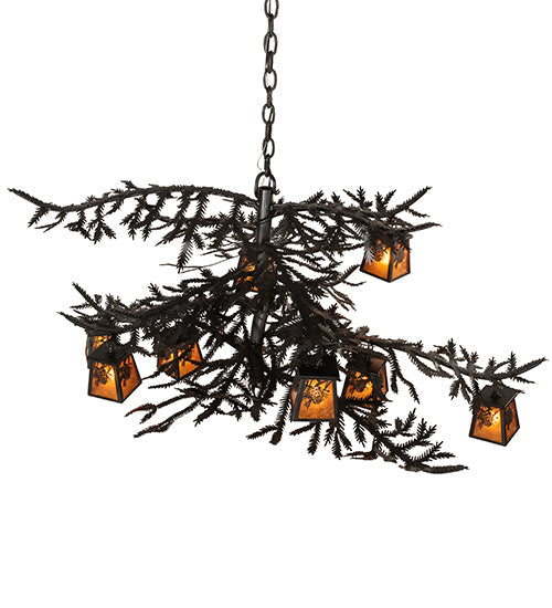 Meyda Lighting Pine Branch 48" 8-Light Flat Black Winter Pine Chandelier With Amber Mica Shade Glass