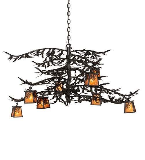 Meyda Lighting Pine Branch 48" 8-Light Flat Black Winter Pine Chandelier With Amber Mica Shade Glass