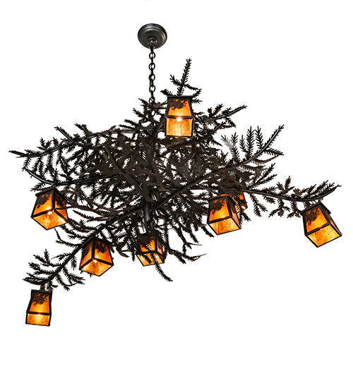 Meyda Lighting Pine Branch 48" 8-Light Flat Black Winter Pine Chandelier With Amber Mica Shade Glass