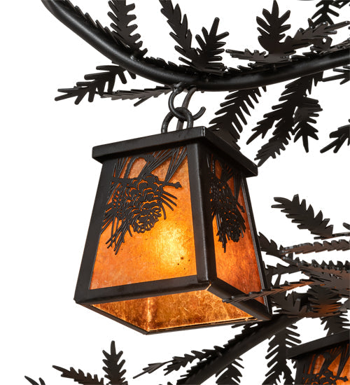 Meyda Lighting Pine Branch 48" 8-Light Flat Black Winter Pine Chandelier With Amber Mica Shade Glass