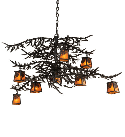 Meyda Lighting Pine Branch 48" 8-Light Flat Black Winter Pine Chandelier With Amber Mica Shade Glass