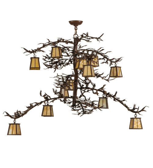 Meyda Lighting Pine Branch 50" 12-Light Cafe Noir Valley View Chandelier With Beige Art Shade Glass