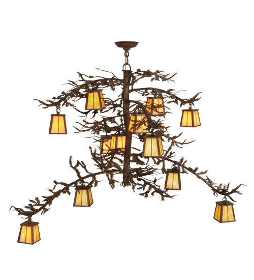 Meyda Lighting Pine Branch 50" 12-Light Cafe Noir Valley View Chandelier With Beige Art Shade Glass