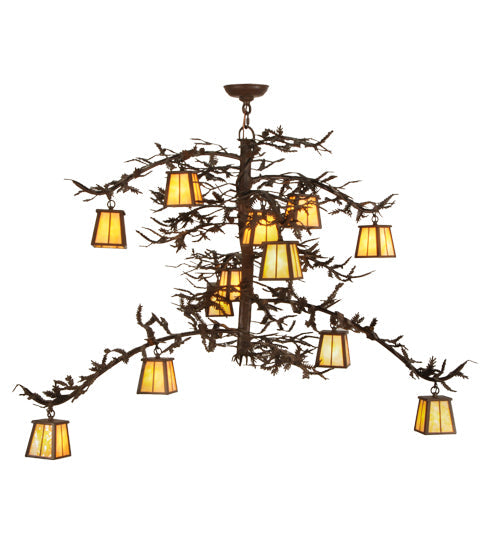 Meyda Lighting Pine Branch 50" 12-Light Cafe Noir Valley View Chandelier With Beige Art Shade Glass