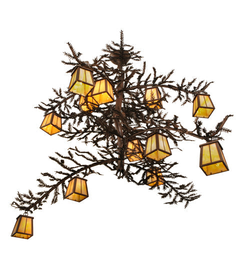 Meyda Lighting Pine Branch 50" 12-Light Cafe Noir Valley View Chandelier With Beige Art Shade Glass