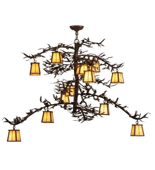 Meyda Lighting Pine Branch 50" 12-Light Cafe Noir Valley View Chandelier With Beige Art Shade Glass