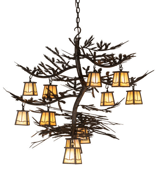 Meyda Lighting Pine Branch 50" 12-Light Gilded Tobacco Valley View Chandelier With Beige Iridescent Shade Glass
