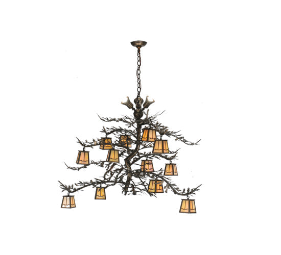 Meyda Lighting Pine Branch 52" 12-Light Antique Copper Green Needles Valley View Chandelier With Ivory Shade Glass