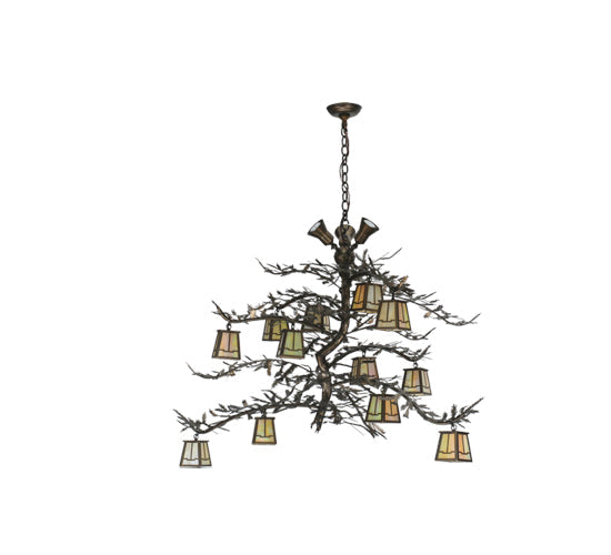 Meyda Lighting Pine Branch 52" 12-Light Antique Copper Green Needles Valley View Chandelier With Ivory Shade Glass