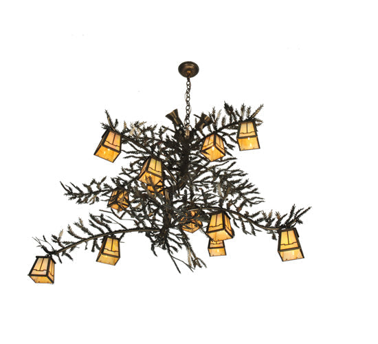 Meyda Lighting Pine Branch 52" 12-Light Antique Copper Green Needles Valley View Chandelier With Ivory Shade Glass