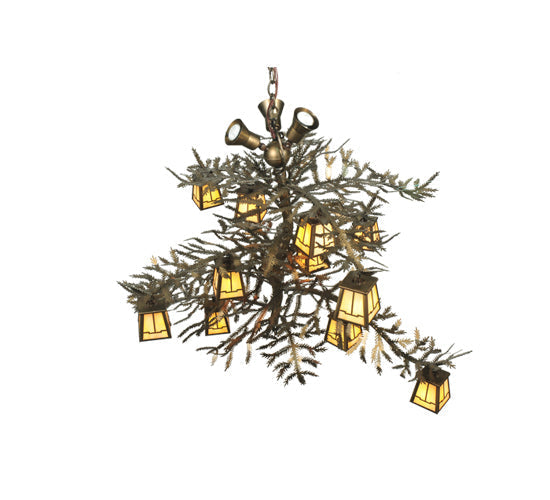 Meyda Lighting Pine Branch 52" 12-Light Antique Copper Green Needles Valley View Chandelier With Ivory Shade Glass