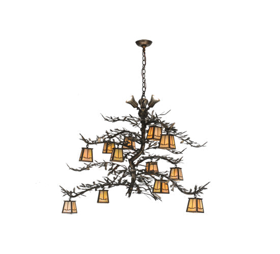 Meyda Lighting Pine Branch 52" 12-Light Antique Copper Green Needles Valley View Chandelier With Ivory Shade Glass