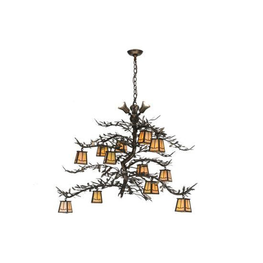 Meyda Lighting Pine Branch 52" 12-Light Antique Copper Green Needles Valley View Chandelier With Ivory Shade Glass