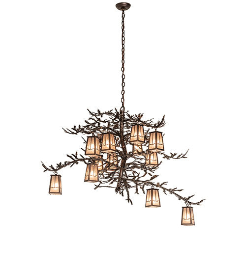 Meyda Lighting Pine Branch 52" 12-Light Mahogany Bronze Valley View Chandelier With Silver Mica Shade Glass