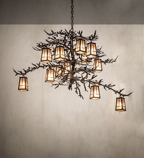 Meyda Lighting Pine Branch 52" 12-Light Mahogany Bronze Valley View Chandelier With Silver Mica Shade Glass