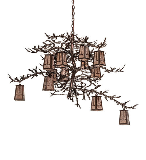 Meyda Lighting Pine Branch 52" 12-Light Mahogany Bronze Valley View Chandelier With Silver Mica Shade Glass