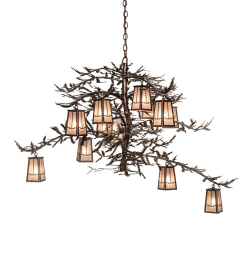 Meyda Lighting Pine Branch 52" 12-Light Mahogany Bronze Valley View Chandelier With Silver Mica Shade Glass