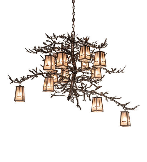 Meyda Lighting Pine Branch 52" 12-Light Mahogany Bronze Valley View Chandelier With Silver Mica Shade Glass