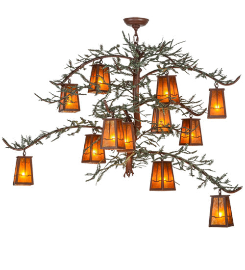 Meyda Lighting Pine Branch 52" 12-Light Rust & Green Branches Valley View Chandelier With Amber Mica Shade Glass
