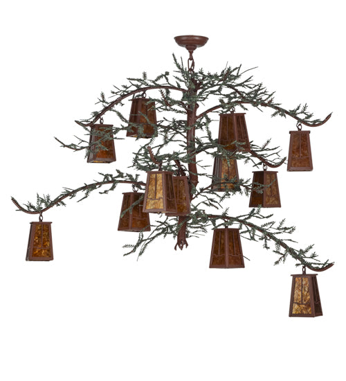 Meyda Lighting Pine Branch 52" 12-Light Rust & Green Branches Valley View Chandelier With Amber Mica Shade Glass