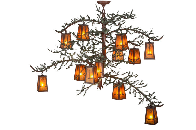 Meyda Lighting Pine Branch 52" 12-Light Rust & Green Branches Valley View Chandelier With Amber Mica Shade Glass
