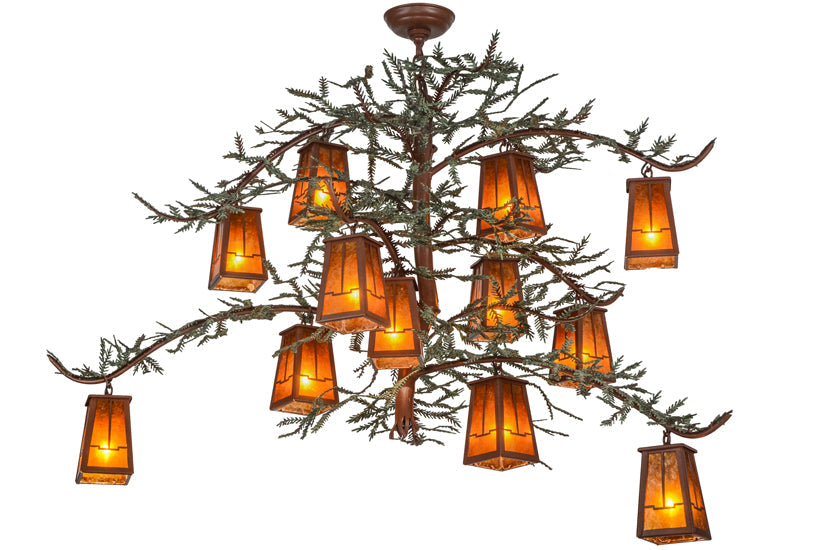 Meyda Lighting Pine Branch 52" 12-Light Rust & Green Branches Valley View Chandelier With Amber Mica Shade Glass