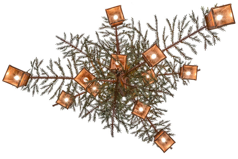 Meyda Lighting Pine Branch 52" 12-Light Rust & Green Branches Valley View Chandelier With Amber Mica Shade Glass