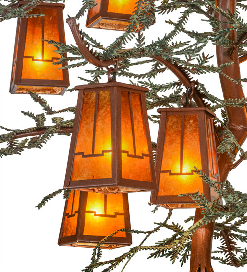 Meyda Lighting Pine Branch 52" 12-Light Rust & Green Branches Valley View Chandelier With Amber Mica Shade Glass