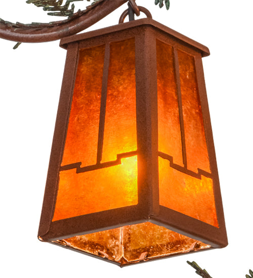 Meyda Lighting Pine Branch 52" 12-Light Rust & Green Branches Valley View Chandelier With Amber Mica Shade Glass