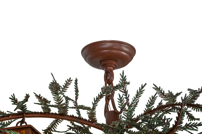Meyda Lighting Pine Branch 52" 12-Light Rust & Green Branches Valley View Chandelier With Amber Mica Shade Glass