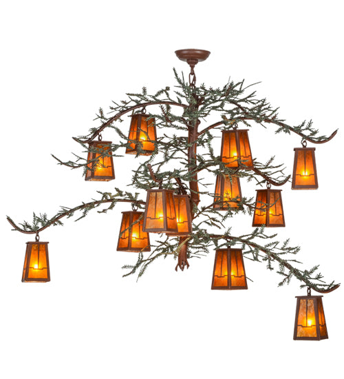 Meyda Lighting Pine Branch 52" 12-Light Rust & Green Branches Valley View Chandelier With Amber Mica Shade Glass