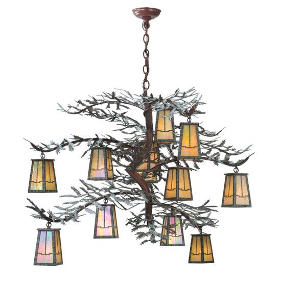Meyda Lighting Pine Branch 52" 12-Light Rust Valley View Chandelier With Beige Iridescent Shade Glass