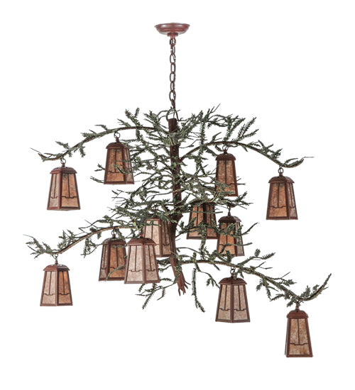 Meyda Lighting Pine Branch 52" 12-Light Rust and Green Branches Valley View Chandelier With Silver Mica Shade Glass