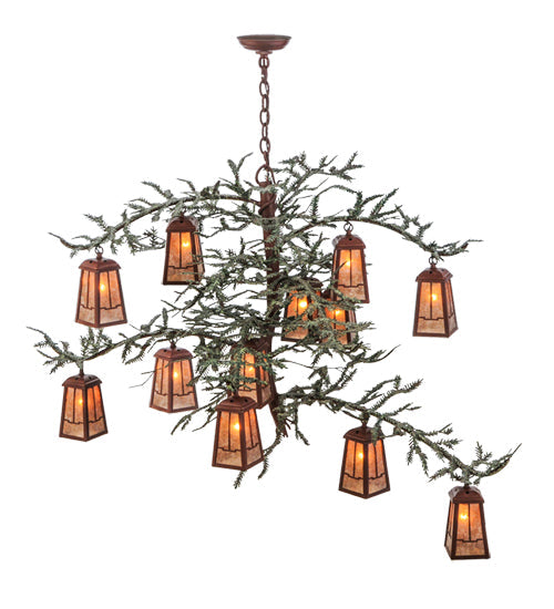Meyda Lighting Pine Branch 52" 12-Light Rust and Green Branches Valley View Chandelier With Silver Mica Shade Glass