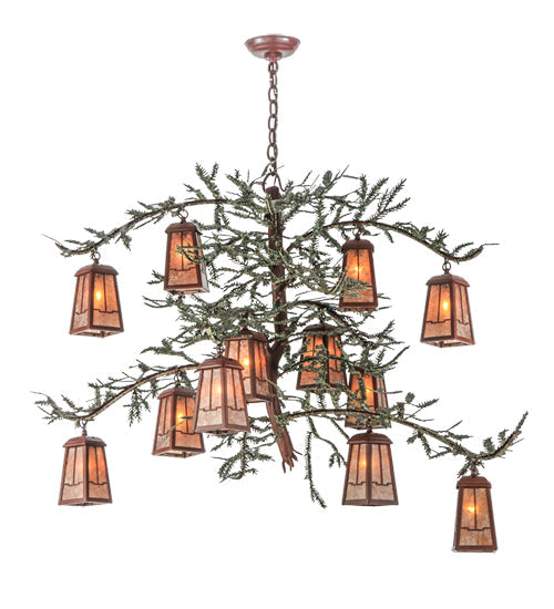 Meyda Lighting Pine Branch 52" 12-Light Rust and Green Branches Valley View Chandelier With Silver Mica Shade Glass