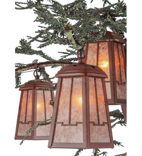 Meyda Lighting Pine Branch 52" 12-Light Rust and Green Branches Valley View Chandelier With Silver Mica Shade Glass