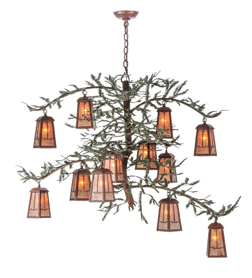Meyda Lighting Pine Branch 52" 12-Light Rust and Green Branches Valley View Chandelier With Silver Mica Shade Glass