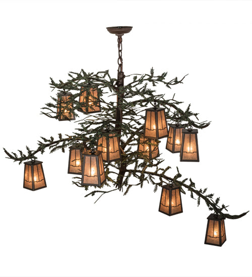 Meyda Lighting Pine Branch 52" 12-Light Timeless Bronze Valley View Chandelier With Silver Mica Shade Glass