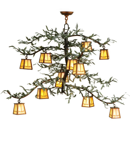 Meyda Lighting Pine Branch 52" 12-Light Vintage Copper & Green Branches Valley View Chandelier With iridescent Shade Glass