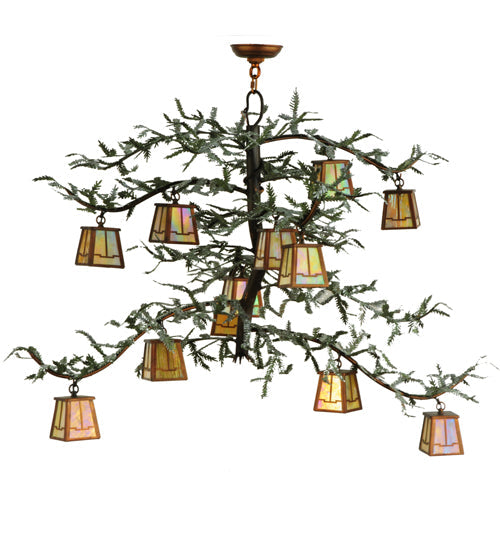 Meyda Lighting Pine Branch 52" 12-Light Vintage Copper & Green Branches Valley View Chandelier With iridescent Shade Glass