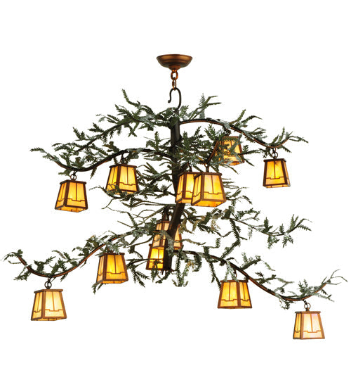 Meyda Lighting Pine Branch 52" 12-Light Vintage Copper & Green Branches Valley View Chandelier With iridescent Shade Glass