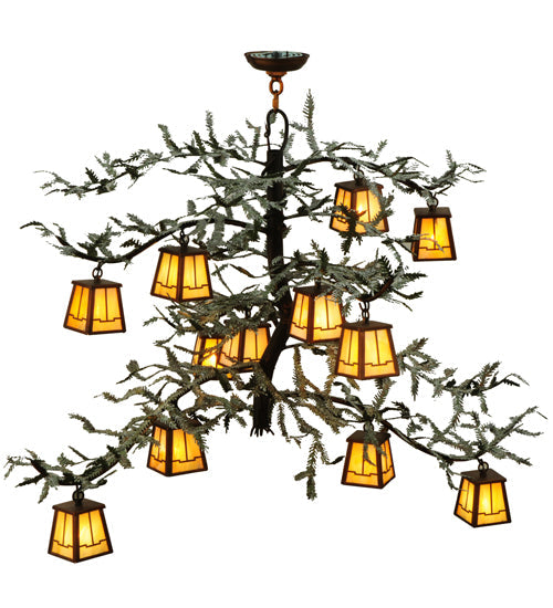 Meyda Lighting Pine Branch 52" 12-Light Vintage Copper & Green Branches Valley View Chandelier With iridescent Shade Glass