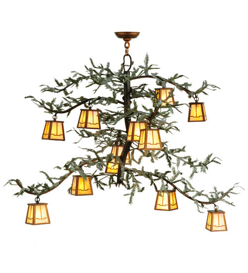 Meyda Lighting Pine Branch 52" 12-Light Vintage Copper & Green Branches Valley View Chandelier With iridescent Shade Glass