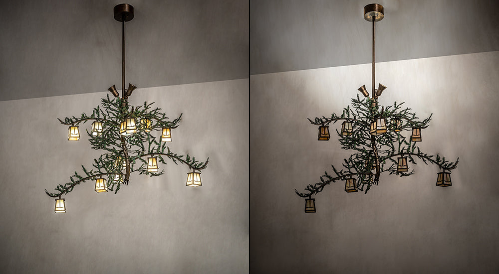 Meyda Lighting Pine Branch 52" 15-Light Antique Copper & Green Needles Valley View Island Chandelier With Beige Iridescent Shade Glass